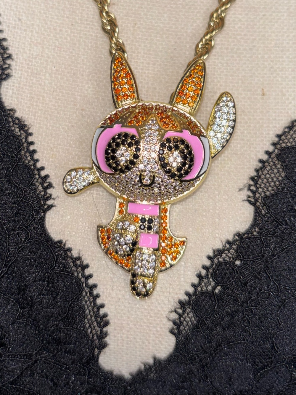 Crystal pave BLOSSOM Powerpuff Girls Pendant and necklace l
